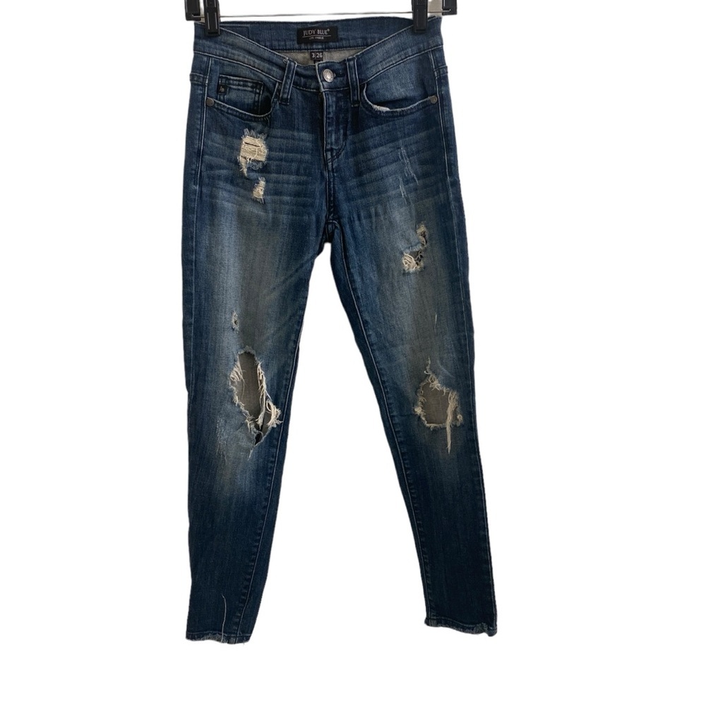 Judy Blue Distressed Blue Raw Hem‎ Denim Straight Leg Sz 3/26